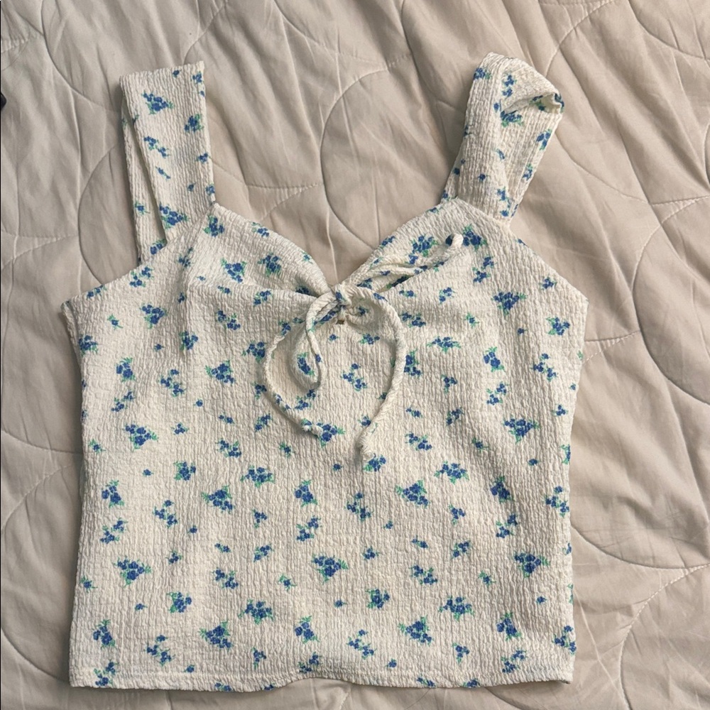 See You Monday Cream and Blue Floral Tank Top